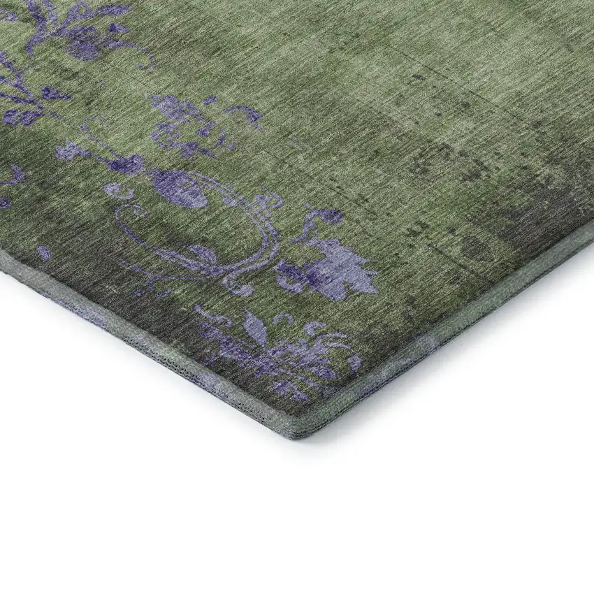 8' Artichoke Green And Purple Floral Washable Round Rug With UV Protection Photo 6