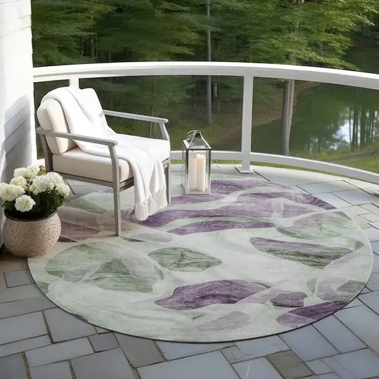 8' Artichoke Green And Purple Round Abstract Washable Indoor Outdoor Area Rug Photo 5