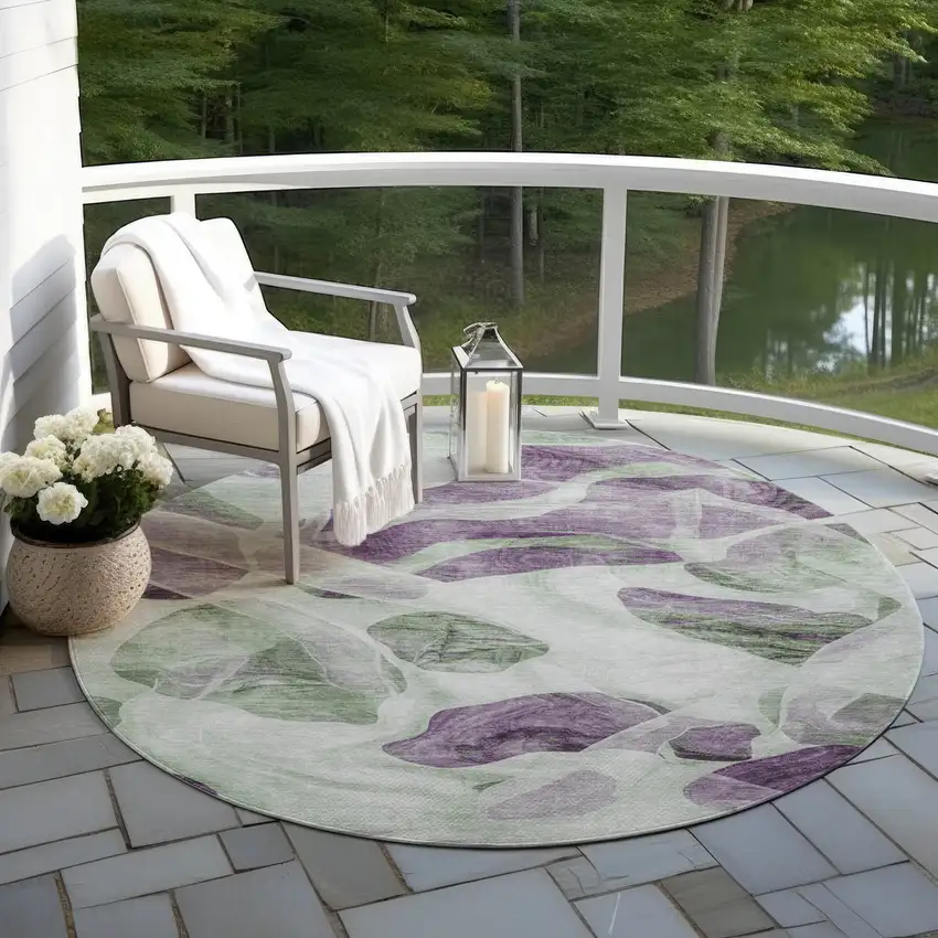 8' Artichoke Green And Purple Round Abstract Washable Indoor Outdoor Area Rug Photo 5