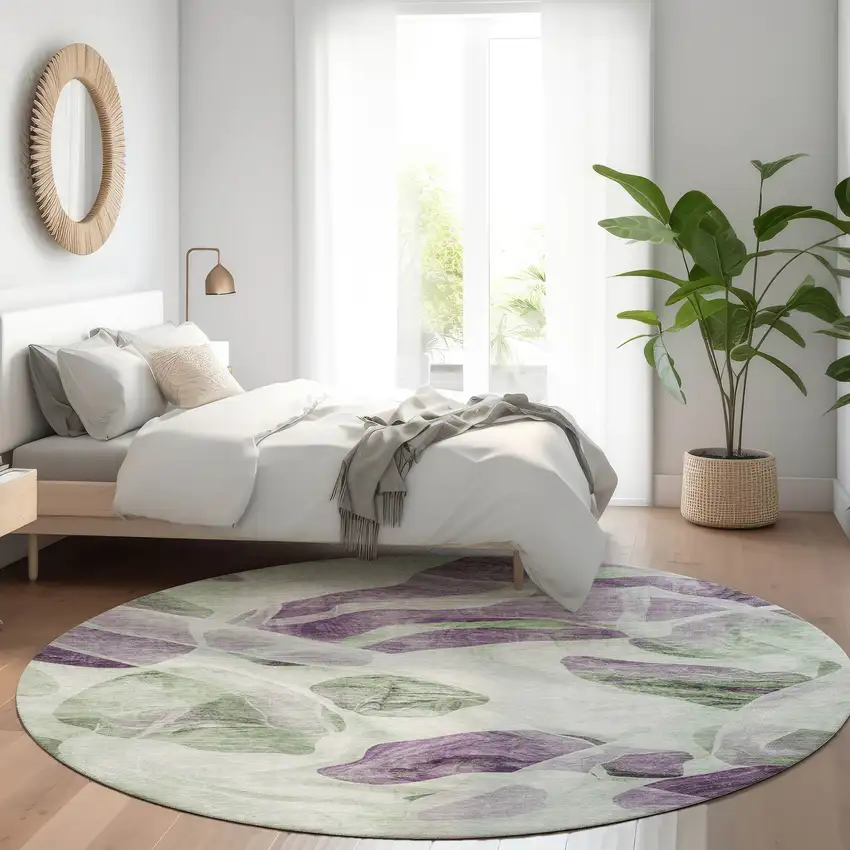 8' Artichoke Green And Purple Round Abstract Washable Indoor Outdoor Area Rug Photo 6