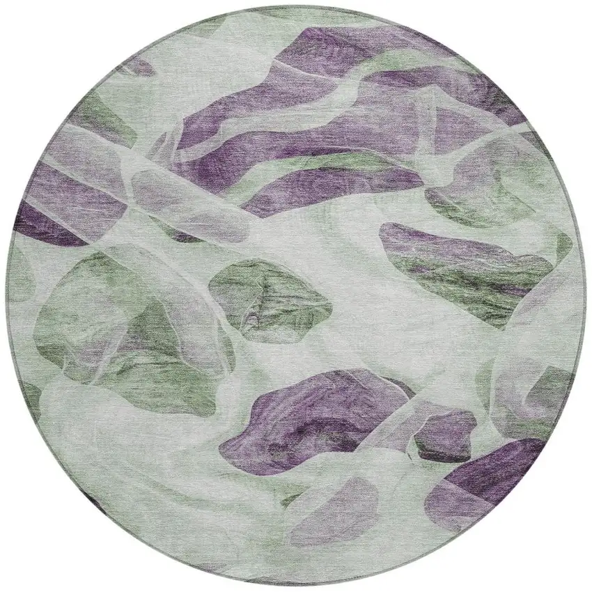 8' Artichoke Green And Purple Round Abstract Washable Indoor Outdoor Area Rug Photo 4