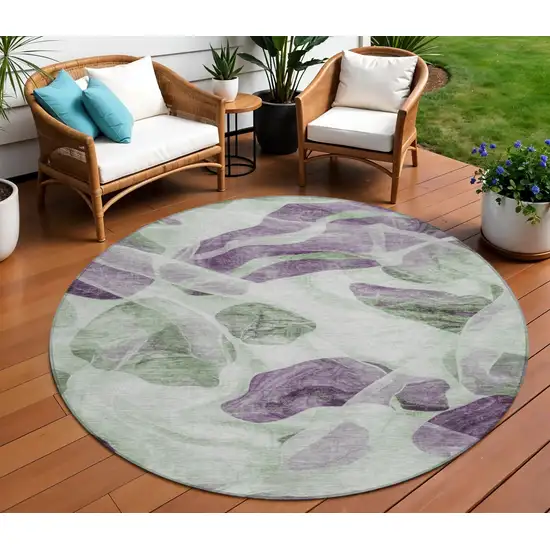 8' Artichoke Green And Purple Round Abstract Washable Indoor Outdoor Area Rug Photo 2