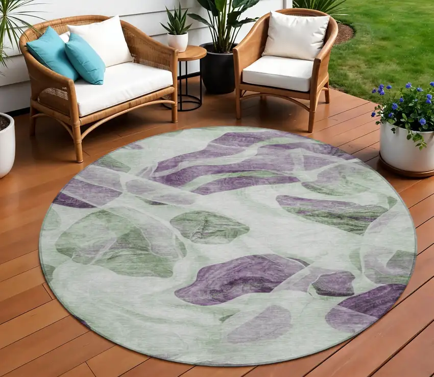 8' Artichoke Green And Purple Round Abstract Washable Indoor Outdoor Area Rug Photo 2