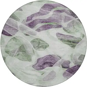 Photo of 8' Artichoke Green And Purple Round Abstract Washable Indoor Outdoor Area Rug