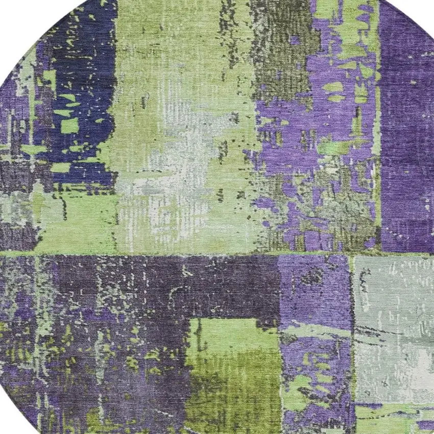 8' Artichoke Green And Purple Round Abstract Washable Indoor Outdoor Area Rug Photo 4