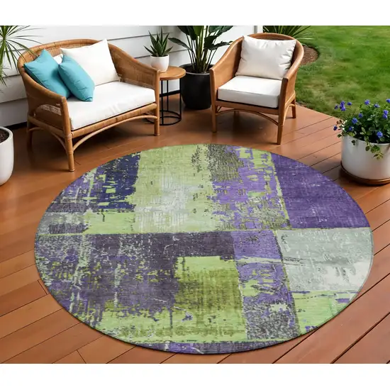 8' Artichoke Green And Purple Round Abstract Washable Indoor Outdoor Area Rug Photo 2