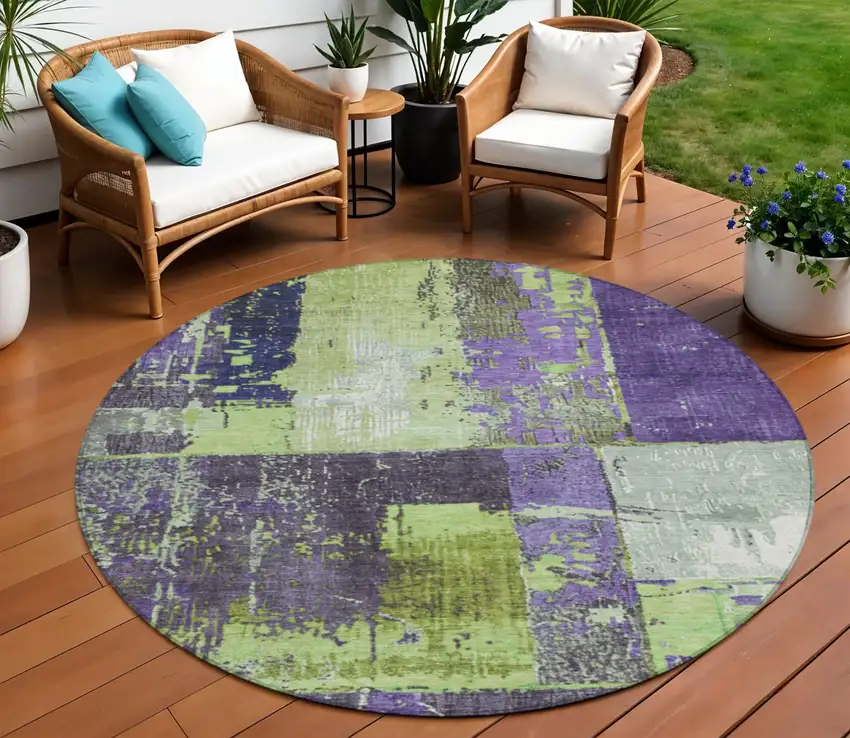 8' Artichoke Green And Purple Round Abstract Washable Indoor Outdoor Area Rug Photo 2