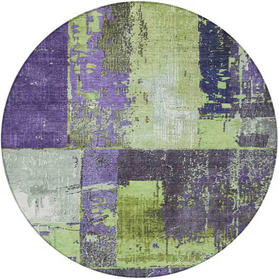 8' Artichoke Green And Purple Round Abstract Washable Indoor Outdoor Area Rug Photo 3