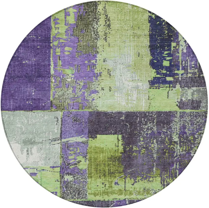 8' Artichoke Green And Purple Round Abstract Washable Indoor Outdoor Area Rug Photo 3