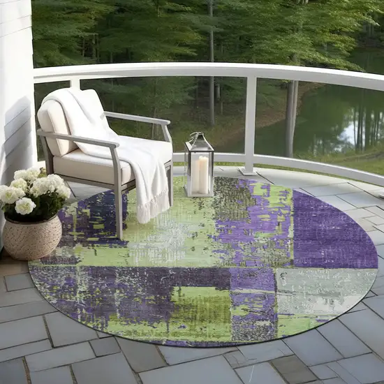 8' Artichoke Green And Purple Round Abstract Washable Indoor Outdoor Area Rug Photo 5