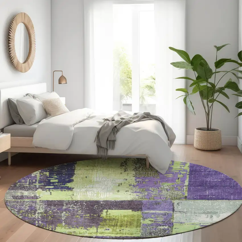 8' Artichoke Green And Purple Round Abstract Washable Indoor Outdoor Area Rug Photo 6