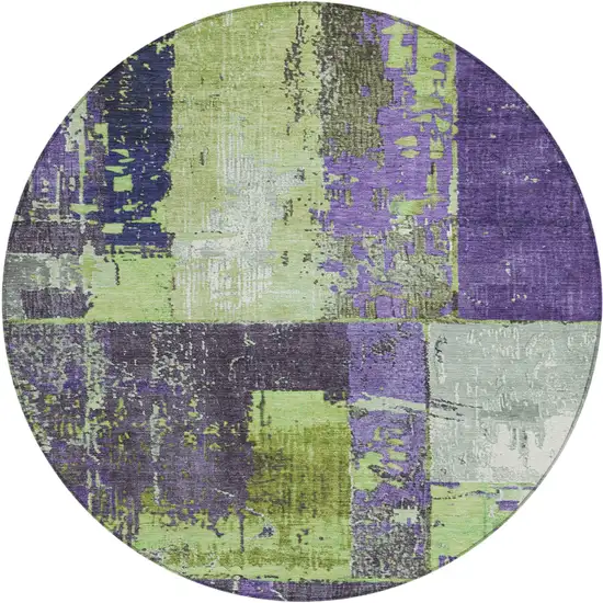 8' Artichoke Green And Purple Round Abstract Washable Indoor Outdoor Area Rug Photo 1