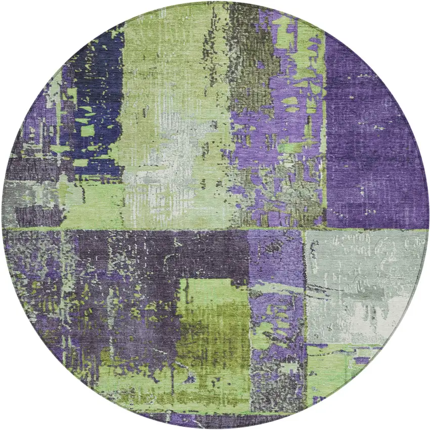 8' Artichoke Green And Purple Round Abstract Washable Indoor Outdoor Area Rug Photo 1
