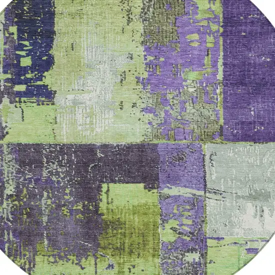 8' Artichoke Green And Purple Round Abstract Washable Indoor Outdoor Area Rug Photo 8
