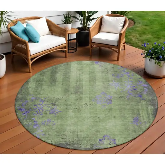 8' Artichoke Green And Purple Round Floral Washable Indoor Outdoor Area Rug Photo 2