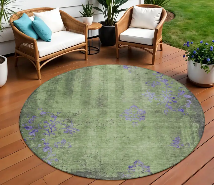 8' Artichoke Green And Purple Round Floral Washable Indoor Outdoor Area Rug Photo 2