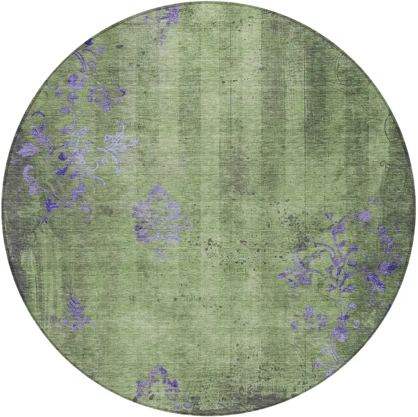 8' Artichoke Green And Purple Round Floral Washable Indoor Outdoor Area Rug Photo 4
