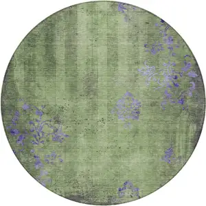 Photo of 8' Artichoke Green And Purple Round Floral Washable Indoor Outdoor Area Rug