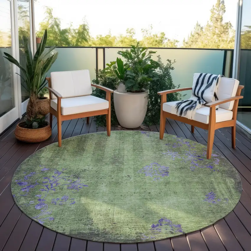 8' Artichoke Green And Purple Round Floral Washable Indoor Outdoor Area Rug Photo 6