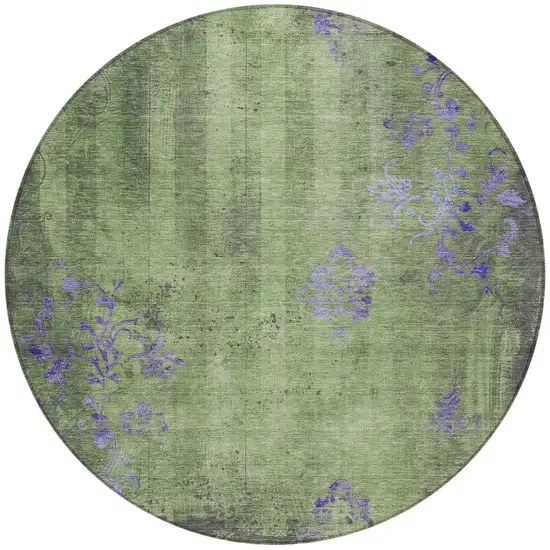 8' Artichoke Green And Purple Round Floral Washable Indoor Outdoor Area Rug Photo 3