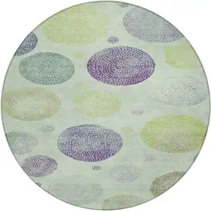 Photo of 8' Artichoke Green And Purple Round Geometric Washable Indoor Outdoor Area Rug