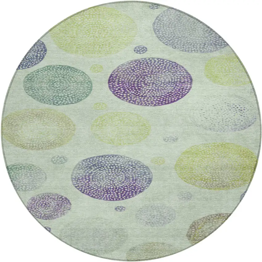 8' Artichoke Green And Purple Round Geometric Washable Indoor Outdoor Area Rug Photo 1
