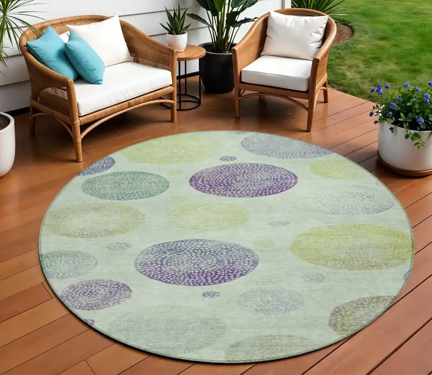 8' Artichoke Green And Purple Round Geometric Washable Indoor Outdoor Area Rug Photo 2