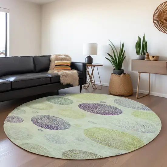 8' Artichoke Green And Purple Round Geometric Washable Indoor Outdoor Area Rug Photo 6