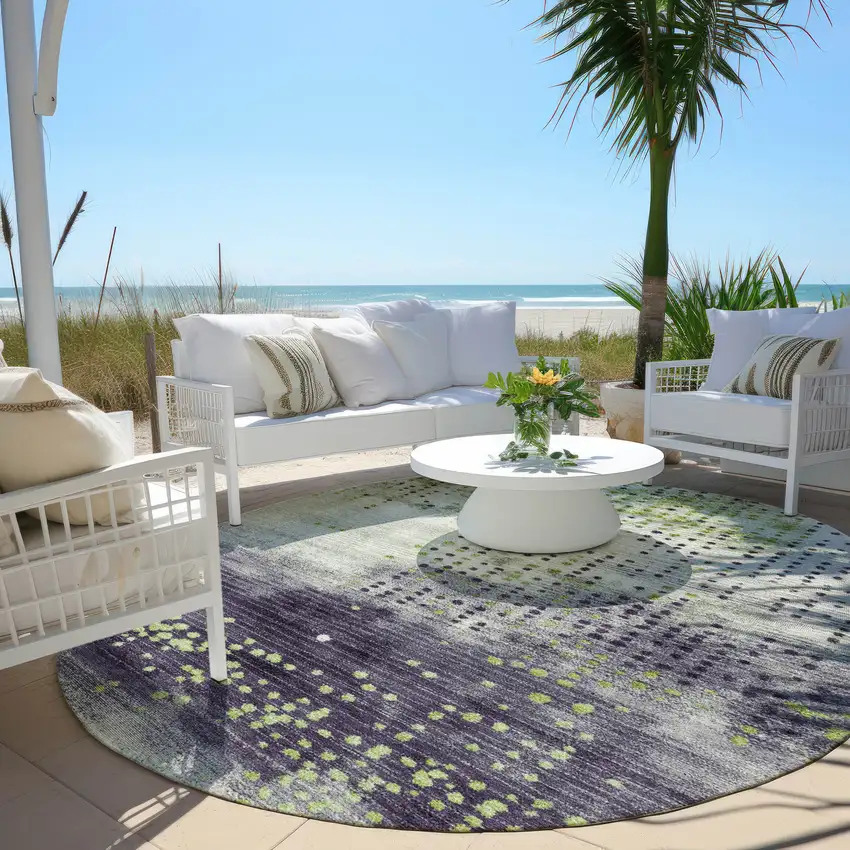 8' Artichoke Green And Purple Round Geometric Washable Indoor Outdoor Area Rug Photo 5