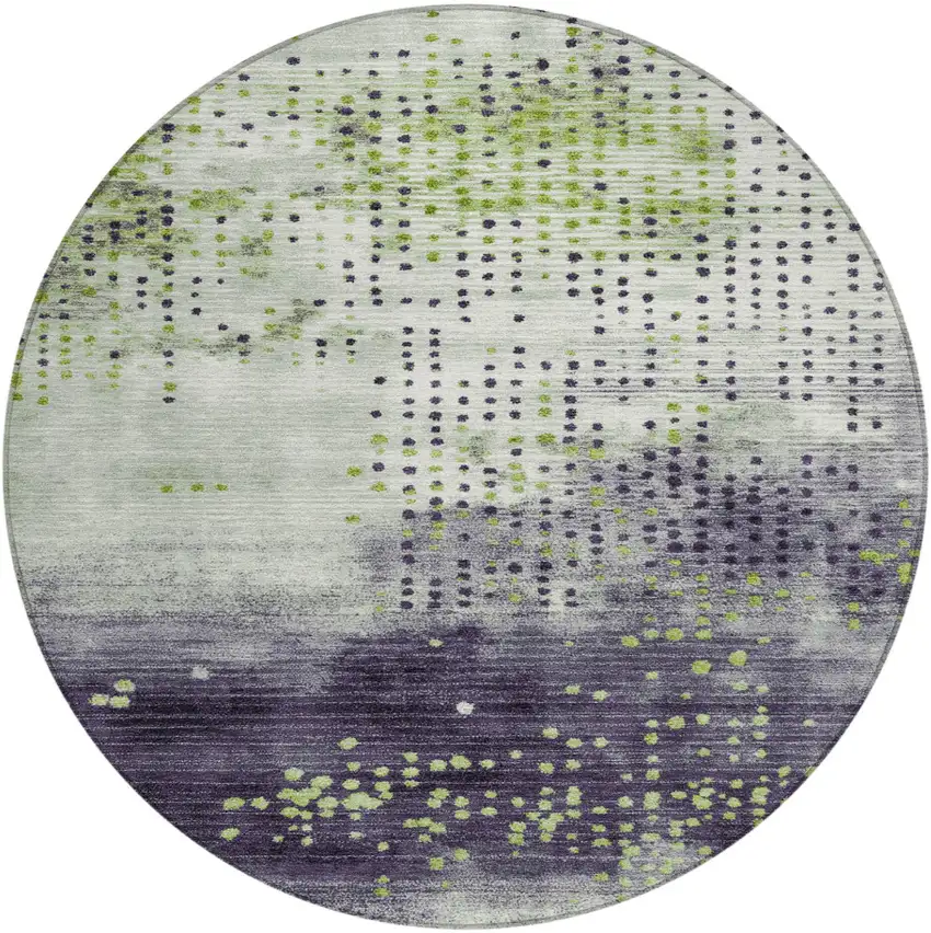 8' Artichoke Green And Purple Round Geometric Washable Indoor Outdoor Area Rug Photo 1