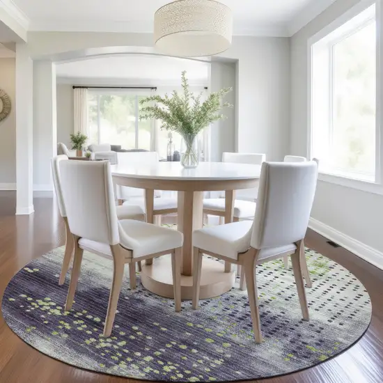 8' Artichoke Green And Purple Round Geometric Washable Indoor Outdoor Area Rug Photo 6