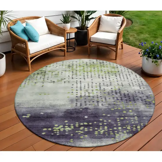 8' Artichoke Green And Purple Round Geometric Washable Indoor Outdoor Area Rug Photo 2