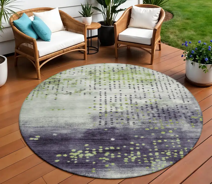 8' Artichoke Green And Purple Round Geometric Washable Indoor Outdoor Area Rug Photo 2