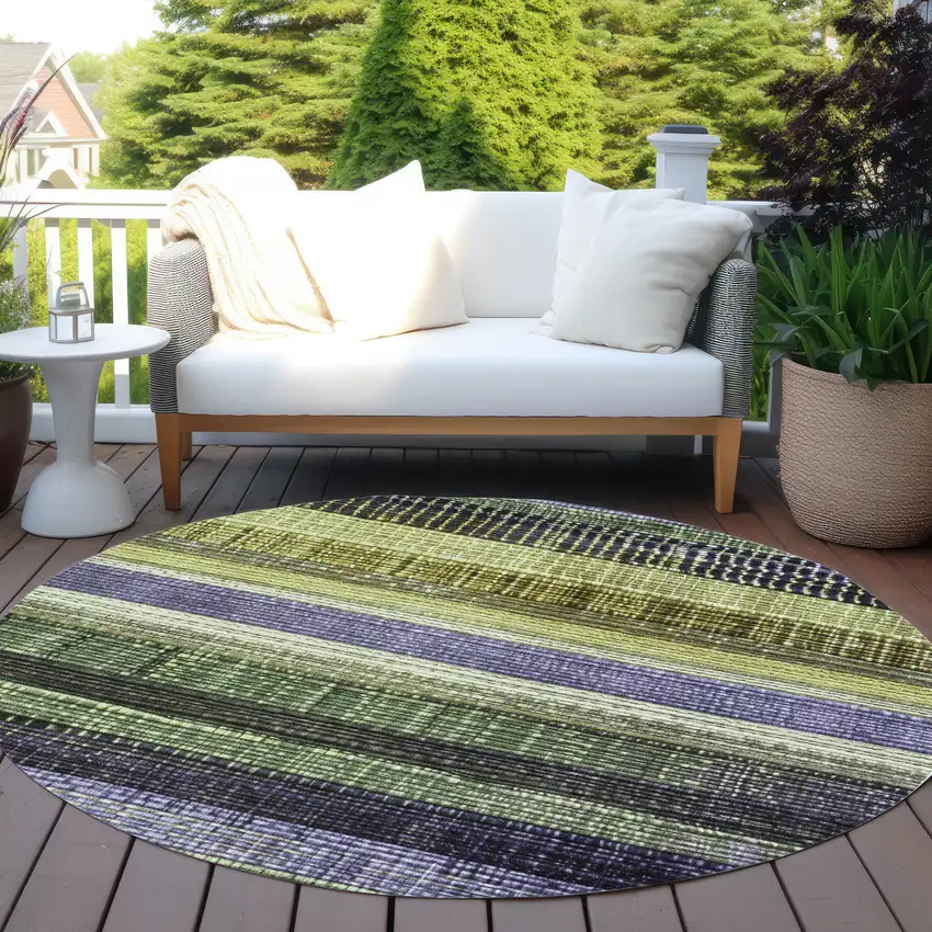 8' Artichoke Green And Purple Round Striped Washable Indoor Outdoor Area Rug Photo 5