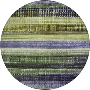 Photo of 8' Artichoke Green And Purple Round Striped Washable Indoor Outdoor Area Rug
