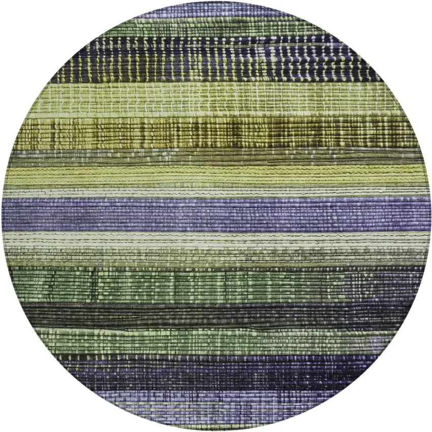 8' Artichoke Green And Purple Round Striped Washable Indoor Outdoor Area Rug Photo 1