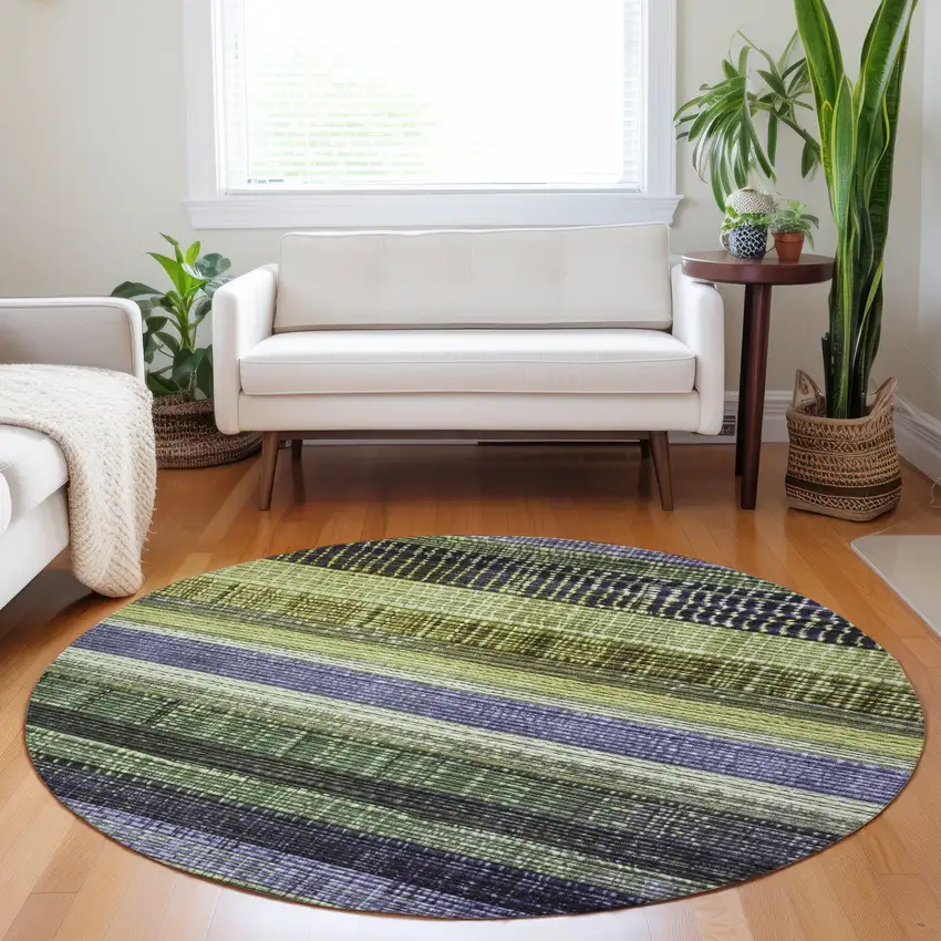 8' Artichoke Green And Purple Round Striped Washable Indoor Outdoor Area Rug Photo 6