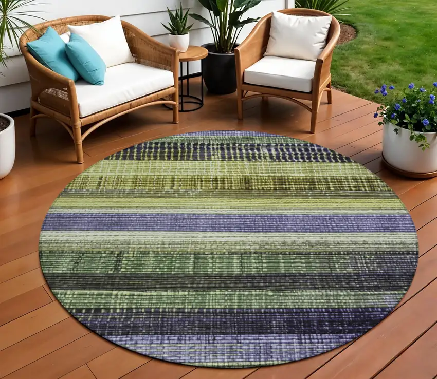 8' Artichoke Green And Purple Round Striped Washable Indoor Outdoor Area Rug Photo 2