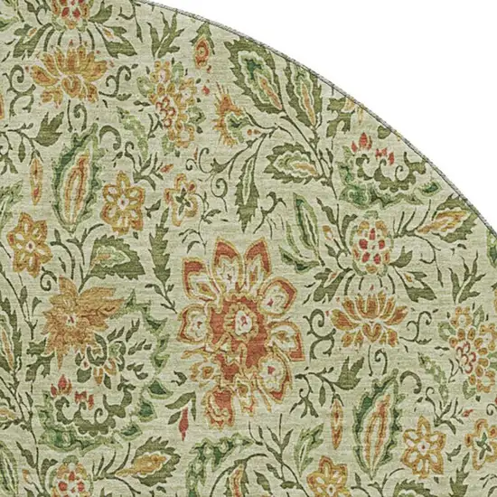 8' Artichoke Green And Rust Floral Washable Round Rug With UV Protection Photo 3