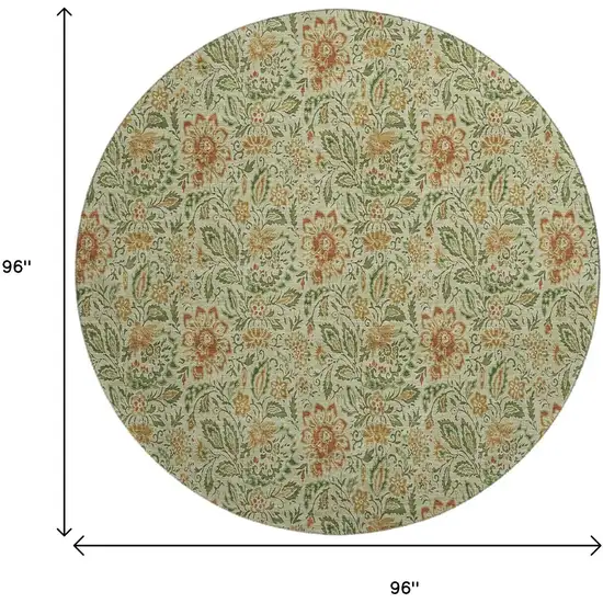 8' Artichoke Green And Rust Floral Washable Round Rug With UV Protection Photo 6