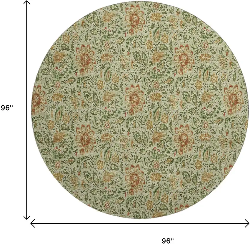 8' Artichoke Green And Rust Floral Washable Round Rug With UV Protection Photo 6
