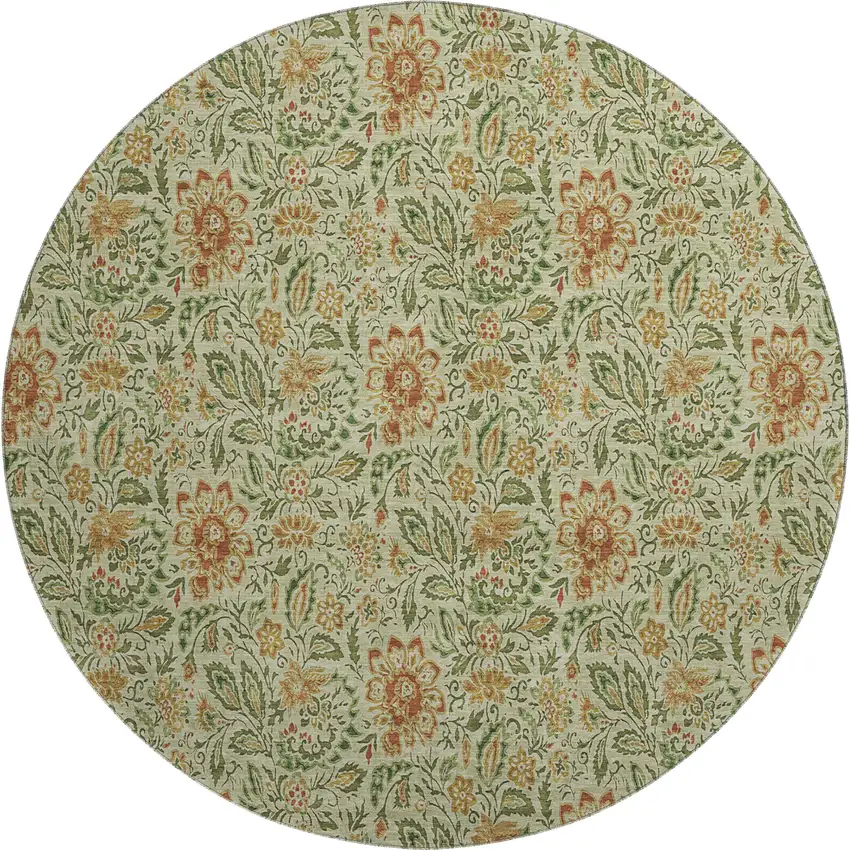 8' Artichoke Green And Rust Floral Washable Round Rug With UV Protection Photo 1