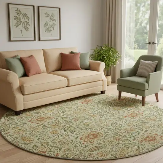 8' Artichoke Green And Rust Floral Washable Round Rug With UV Protection Photo 1