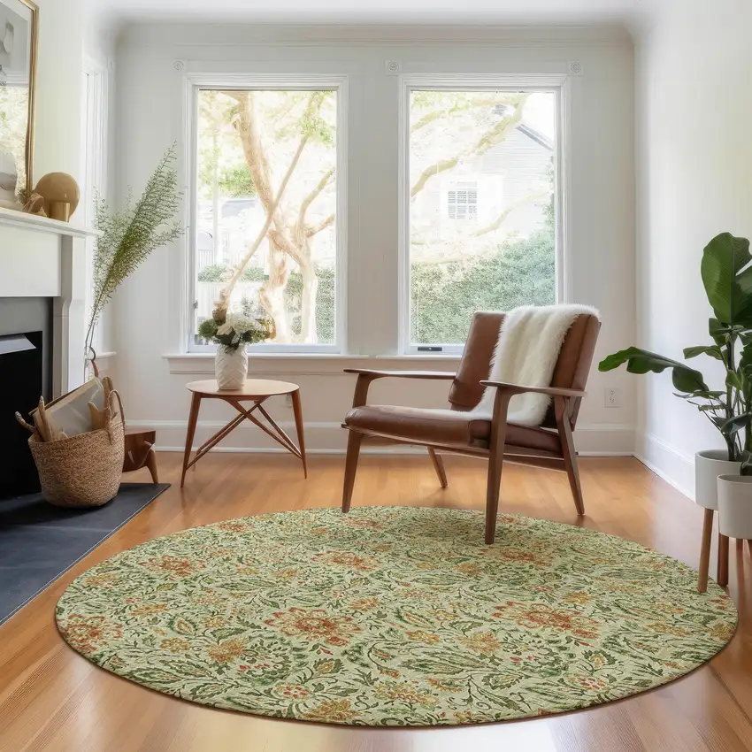 8' Artichoke Green And Rust Floral Washable Round Rug With UV Protection Photo 5