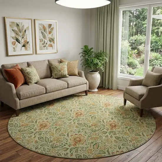 8' Artichoke Green And Rust Floral Washable Round Rug With UV Protection Photo 1