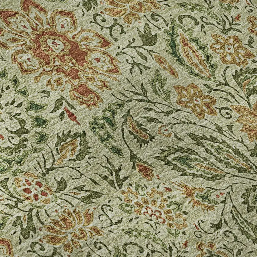 8' Artichoke Green And Rust Floral Washable Round Rug With UV Protection Photo 4