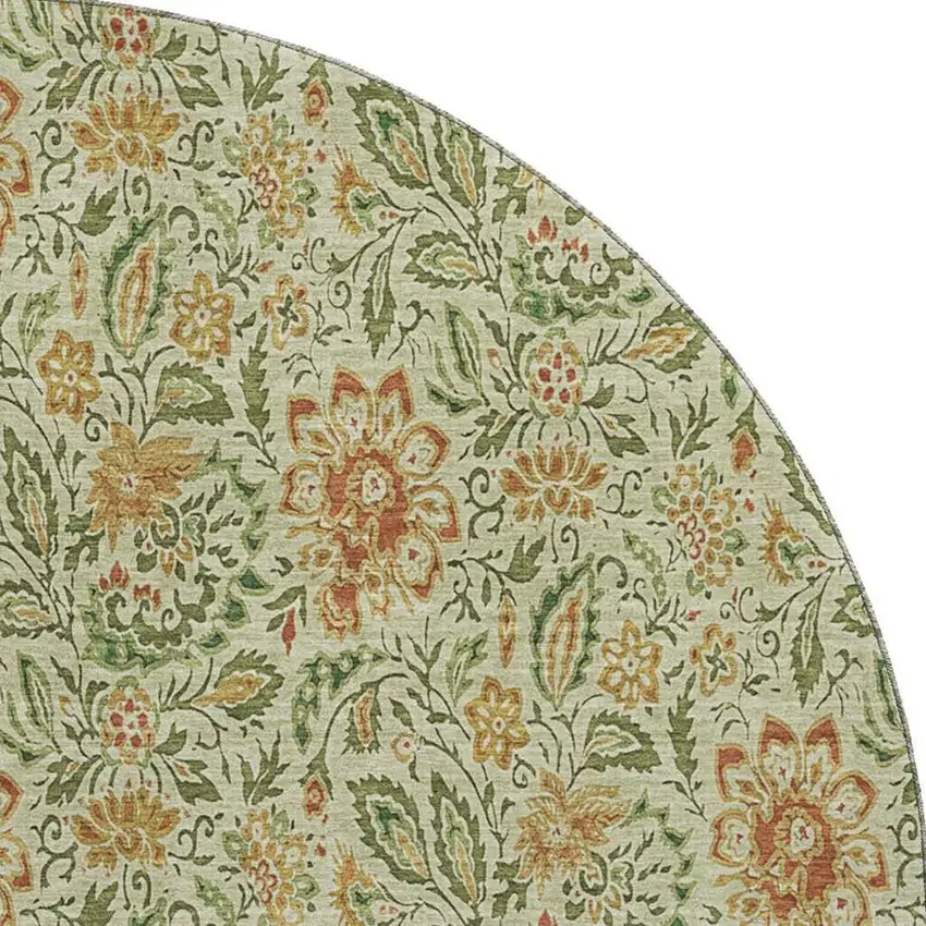 8' Artichoke Green And Rust Floral Washable Round Rug With UV Protection Photo 4