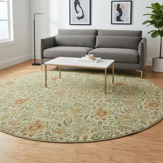 8' Artichoke Green And Rust Floral Washable Round Rug With UV Protection Photo 2
