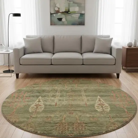 8' Artichoke Green And Rust Floral Washable Round Rug With UV Protection Photo 2