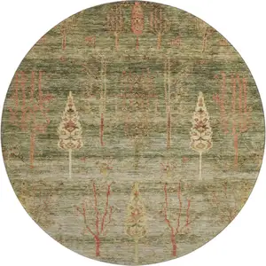 Photo of 8' Artichoke Green And Rust Floral Washable Round Rug With UV Protection